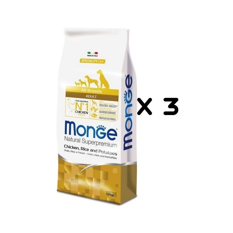 MONGE ALL BREEDS ADULT POLLO RISO PATATE KG.12 *acquisto minimo 3 sacchi*prezzo riferito alla singola confezione*