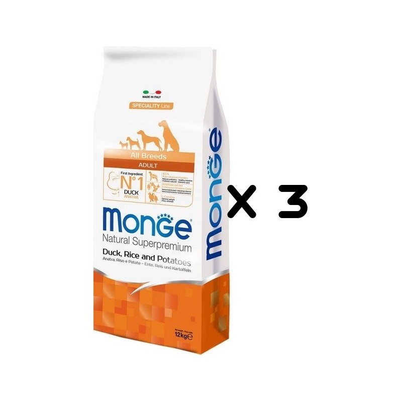 MONGE ALL BREEDS ANATRA RISO PATATE KG.12 *acquisto minimo 3 sacchi*prezzo riferito alla singola confezione*