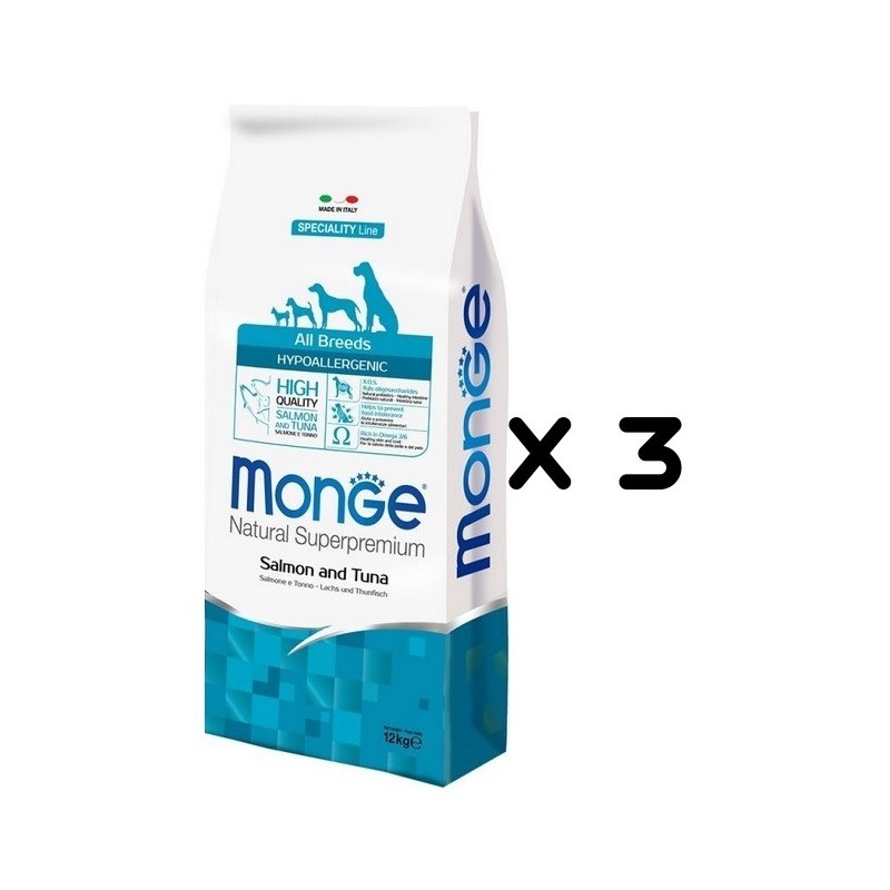 MONGE ALL BREEDS HYPOALLERGENIC SALMONE TONNO KG.12 *acquisto minimo 3 sacchi*prezzo riferito alla singola confezione*
