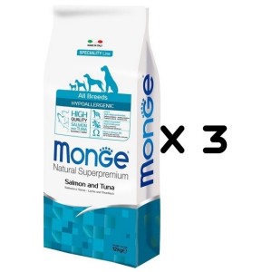MONGE ALL BREEDS HYPOALLERGENIC SALMONE TONNO KG.12 *acquisto minimo 3 sacchi*prezzo riferito alla singola confezione*