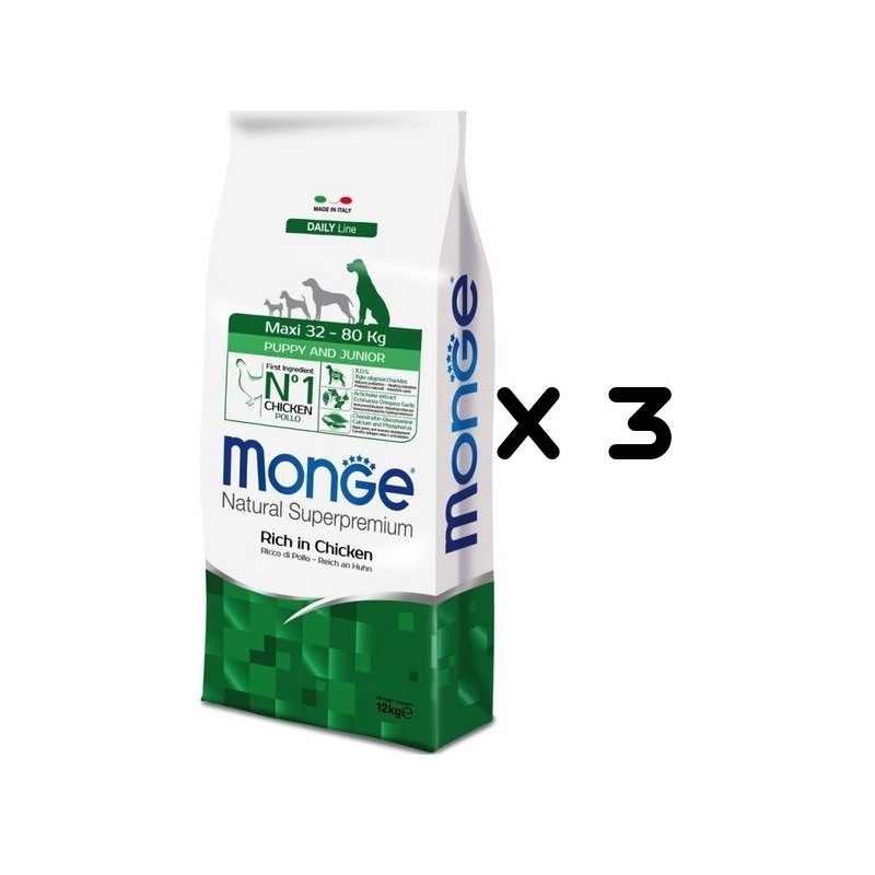 MONGE MAXI PUPPY E JUNIOR KG.12 *acquisto minimo 3 sacchi*prezzo riferito alla singola confezione*