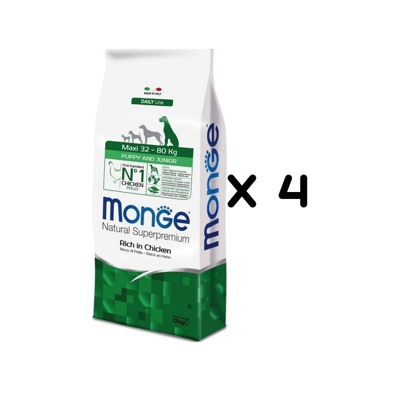 MONGE MAXI PUPPY E JUNIOR KG.12 *acquisto minimo 4 sacchi*prezzo riferito alla singola confezione*