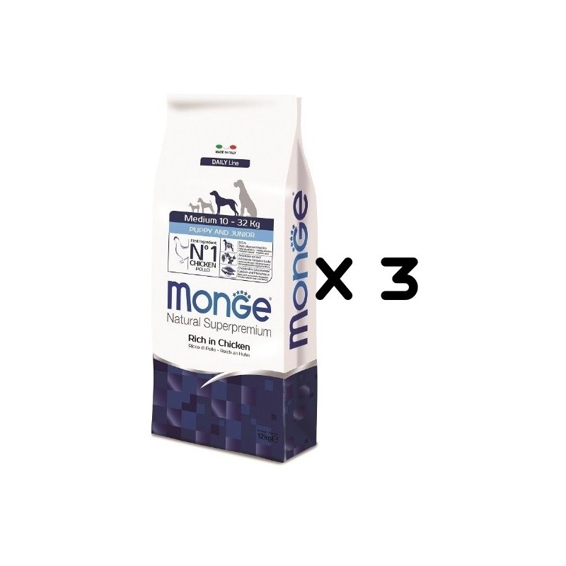 MONGE MEDIUM PUPPY E JUNIOR KG.12 *acquisto minimo 3 sacchi*prezzo riferito alla singola confezione*