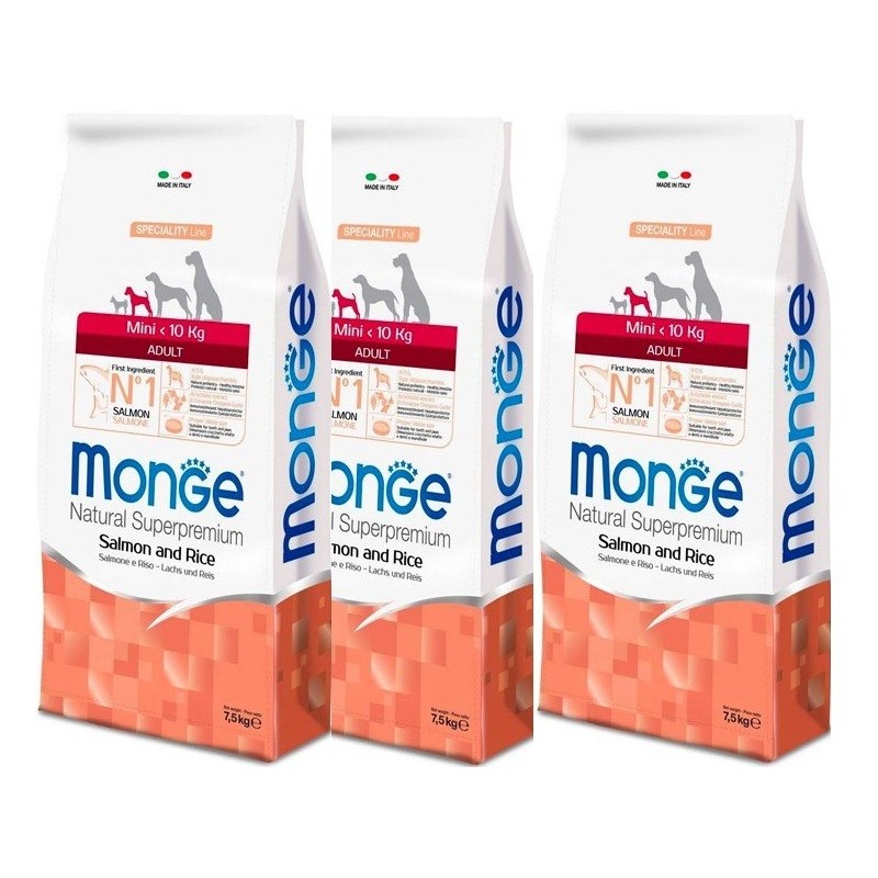 MONGE MINI ADULT SALMONE E RISO KG.7,5 *acquisto minimo 3 sacchi*prezzo riferito alla singola confezione*
