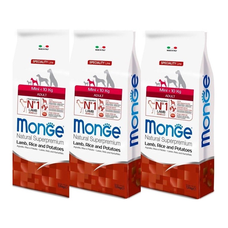 MONGE MINI ADULT AGNELLO RISO PATATE KG.7,5 *acquisto minimo 3 sacchi*prezzo riferito alla singola confezione*