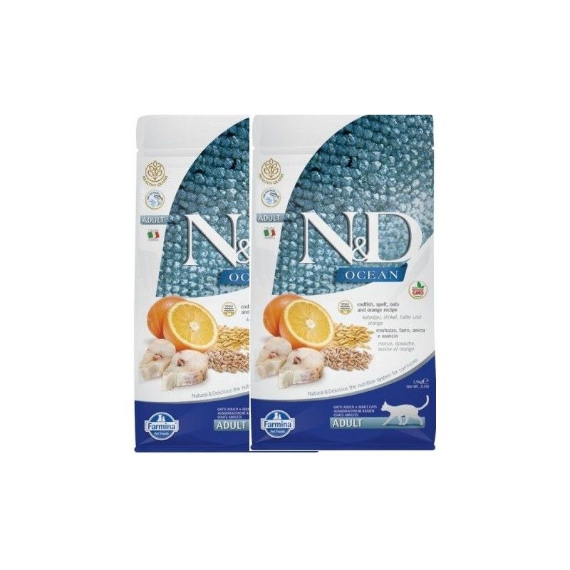 FARMINA N&D CAT OCEAN ADULT MERLUZZO FARRO, AVENA E ARANCIA 5KG ***prezzo riferito alla singola confezione*