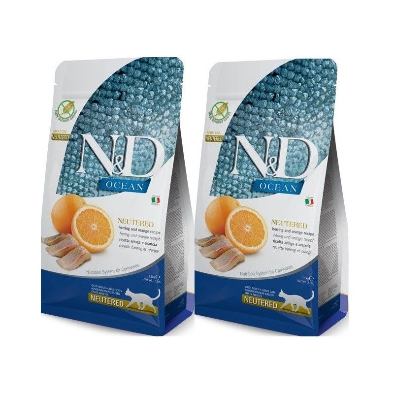 FARMINA N&D CAT OCEAN ADULT NEUTERED ARINGA ARANCIA KG. 5 *** 2 SACCHI****prezzo riferito alla singola confezione*