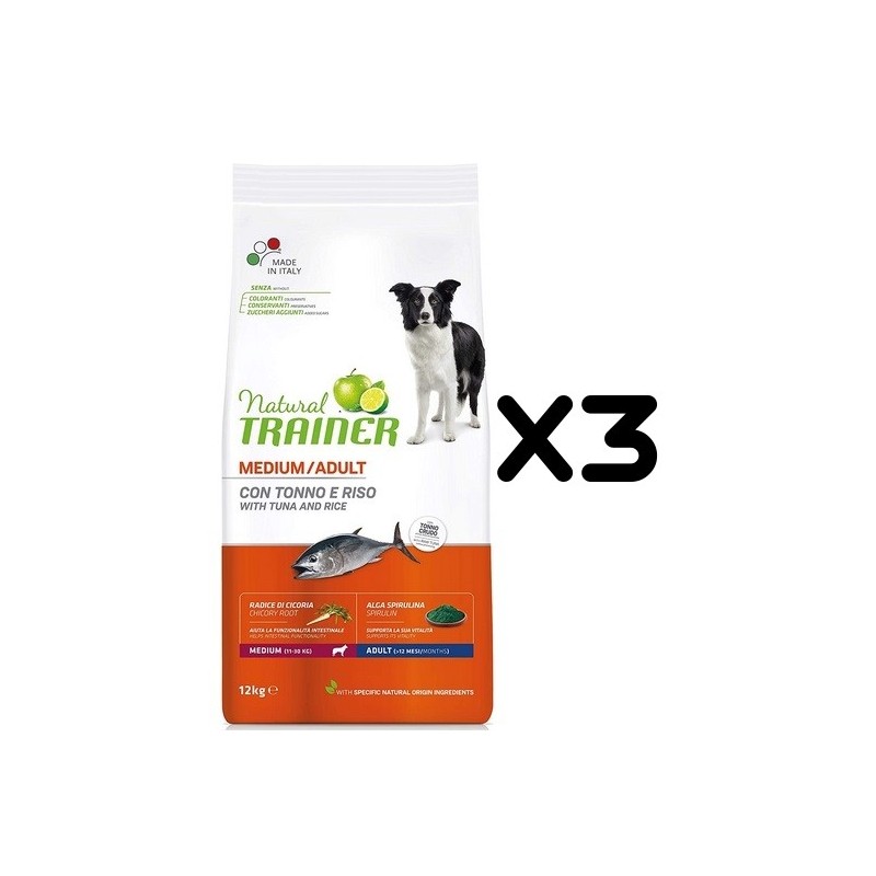 TRAINER DOG NATURAL ADULT MEDIUM TONNO E RISO KG.12 *acquisto minimo 3 sacchi*prezzo riferito alla singola confezione*