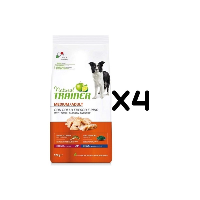 TRAINER DOG NATURAL ADULT MEDIUM CON POLLO FRESCO E RISO KG. 12 *acquisto minimo 4 sacchi*prezzo riferito alla singola confezion
