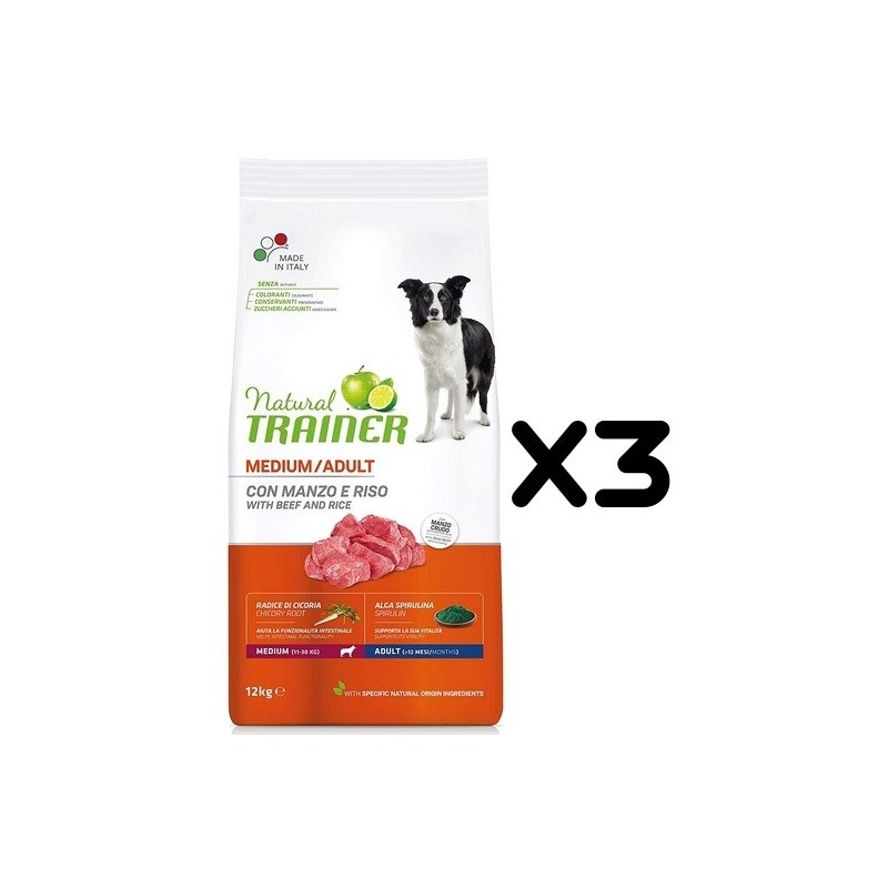 TRAINER DOG NATURAL ADULT MEDIUM CON MANZO E RISO KG.12 *acquisto minimo 3 sacchi*prezzo riferito alla singola confezione*
