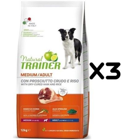 TRAINER DOG NATURAL ADULT MEDIUM CON PROSCIUTTO CRUDO E RISO KG 12 *acquisto minimo 3 sacchi*prezzo riferito alla singola confez