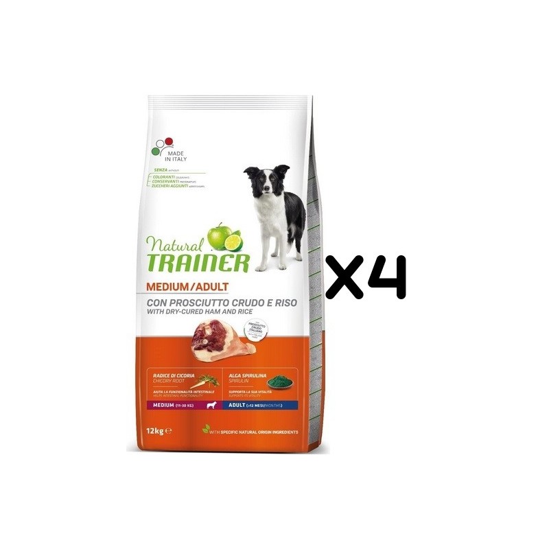 TRAINER DOG NATURAL ADULT MEDIUM CON PROSCIUTTO CRUDO E RISO KG 12 *acquisto minimo 4 sacchi*prezzo riferito alla singola confez