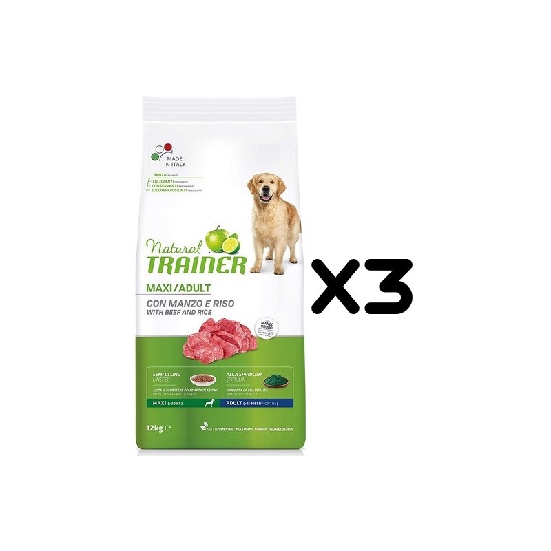 TRAINER DOG NATURAL ADULT MAXI MANZO KG 12 *acquisto minimo 3 sacchi*prezzo riferito alla singola confezione*