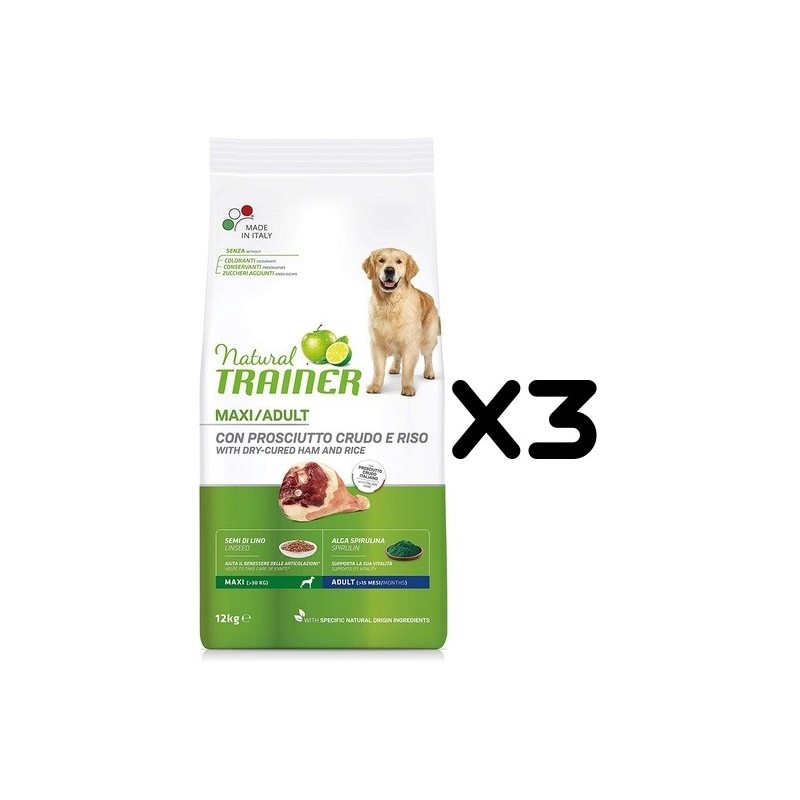 TRAINER DOG NATURAL ADULT MAXI PROSCIUTTO KG 12 *acquisto minimo 3 sacchi*prezzo riferito alla singola confezione*