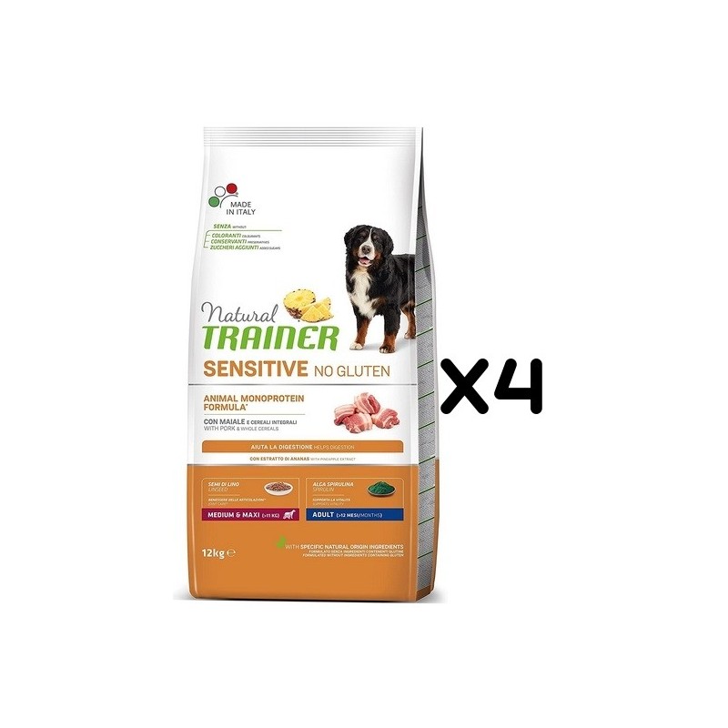 TRAINER SENSITIVE NO GLUTEN ADULT M/M MAIALE E CEREALI KG 12 *acquisto minimo 4 sacchi*prezzo riferito alla singola confezione*