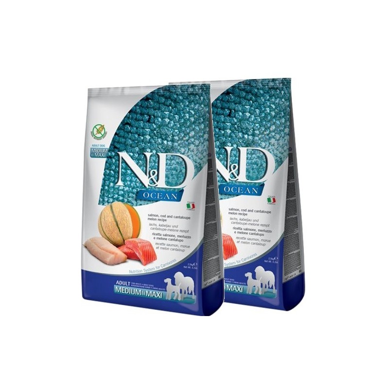 FARMINA N&D OCEAN ADULT MEDIUM/ MAXI SALMONE MERLUZZO E MELONE KG. 12 **acquisto minimo 2 sacchi*prezzo riferito alla singola co