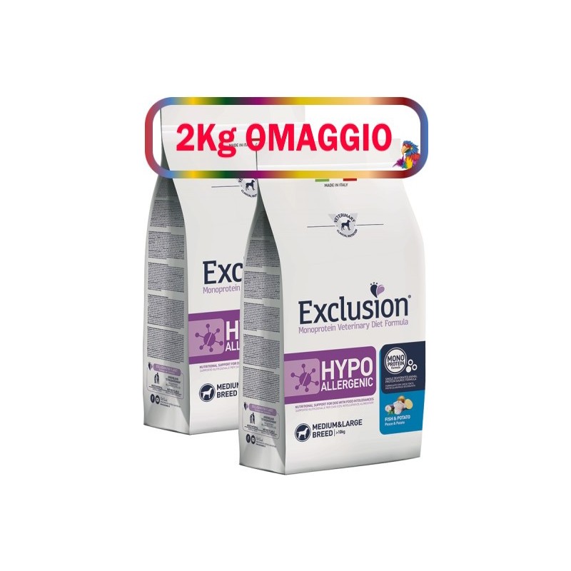 EXCLUSION HYPOallergenic FISH MEDIUM/LARGE KG.12**acquisto minimo 2pz** 2kg omaggio