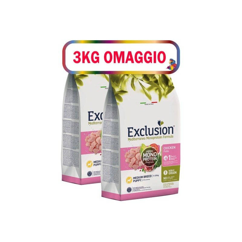 EXCLUSION MEDITERRANEO MONOPROTEIN PUPPY MEDIUM POLLO KG.12**acquisto minimo 2pz**3kg omaggio