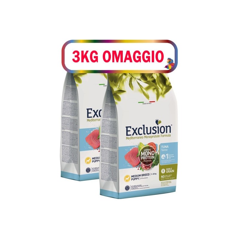 EXCLUSION MEDITERRANEO MONOPROTEIN PUPPY MEDIUM TONNO KG.12 **acquisto minimo 2pz**3kg omaggio