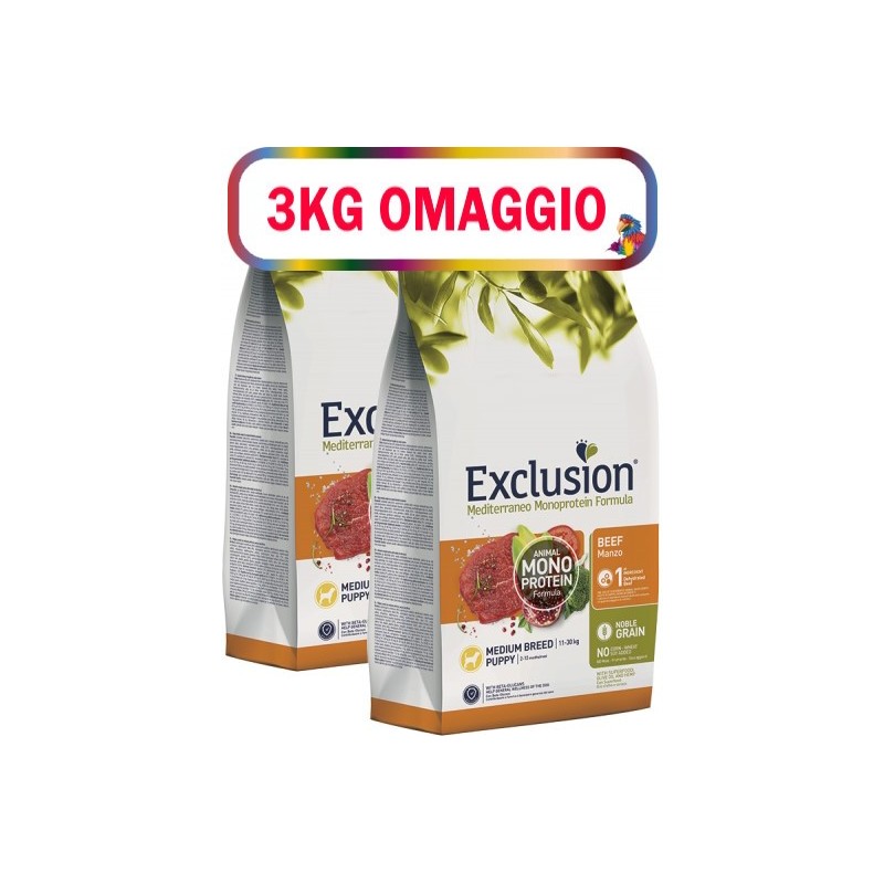 EXCLUSION MEDITERRANEO MONOPROTEIN PUPPY MEDIUM MANZO KG.12**acquisto minimo 2pz**3kg omaggio