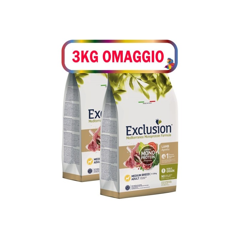 EXCLUSION MEDITERRANEO MONOPROTEIN ADULT MEDIO AGNELLO KG.12**acquisto minimo 2pz**3kg omaggio
