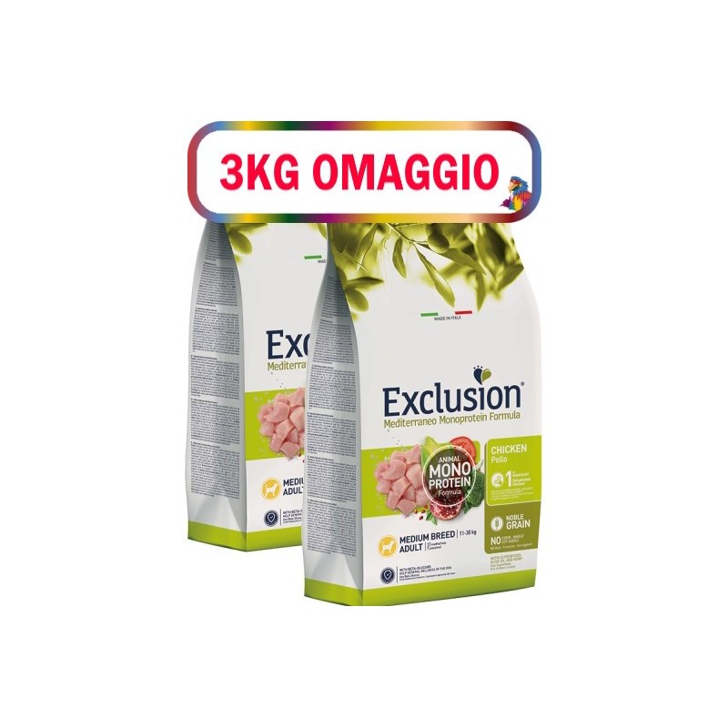EXCLUSION MEDITERRANEO MONOPROTEIN ADULT MEDIO POLLO KG.12 **acquisto minimo 2pz**3kg omaggio