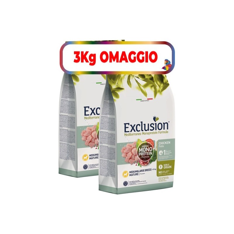 EXCLUSION MEDITERRANEO MONOPROTEIN MATURE MEDIUM/LARGE KG.12**acquisto minimo 2pz**3kg omaggio